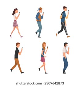 People Character Walking and Speaking by Smartphone or Chatting Vector Set