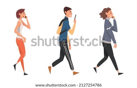 People Character Walking and Speaking by Smartphone or Chatting Vector Set