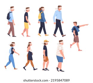 People Character Wearing Blindfold Following One Person Trusting Him Vector Set