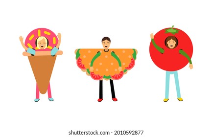 People Character Wearing Food Costumes Standing and Waving Hand Vector Illustration Set