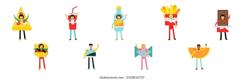 People Character Wearing Food Costumes Standing and Waving Hand Vector Illustration Set
