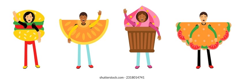 People Character Wearing Food Costumes Standing and Waving Hand Vector Illustration Set