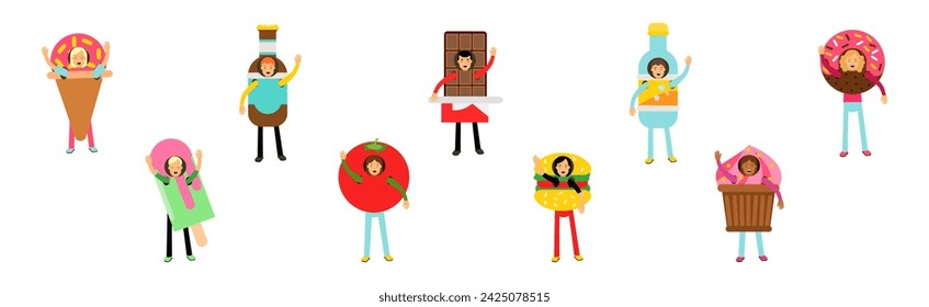 People Character Wearing Food Costumes Standing and Waving Hand Vector Illustration Set