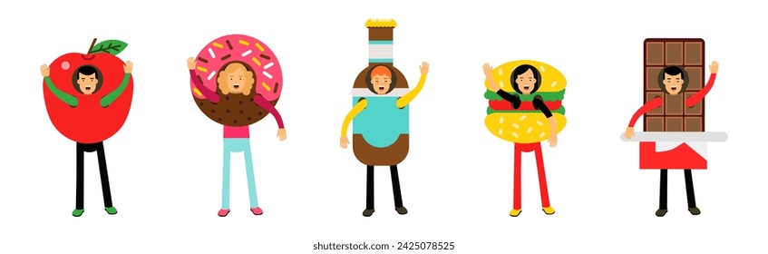 People Character Wearing Food Costumes Standing and Waving Hand Vector Illustration Set