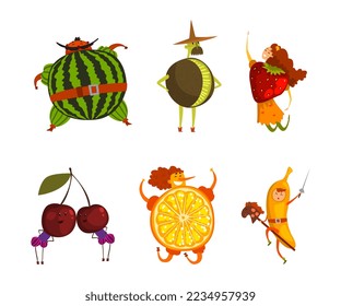 People Character Wearing Fruit and Berries Comic Costumes Vector Set