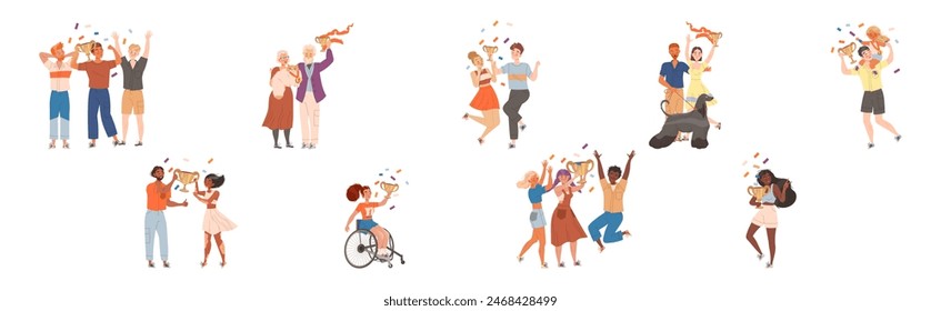 People Character Winner with Golden Cup Celebrating Success Vector Set