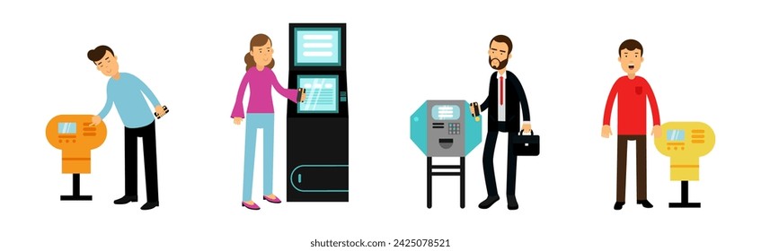 People Character Withdrawing Cash in ATM Terminal Vector Set