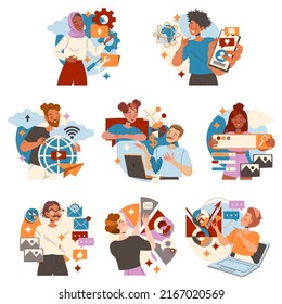 People Character Working with Information Analyzing and Browsing Data Vector Illustration Set