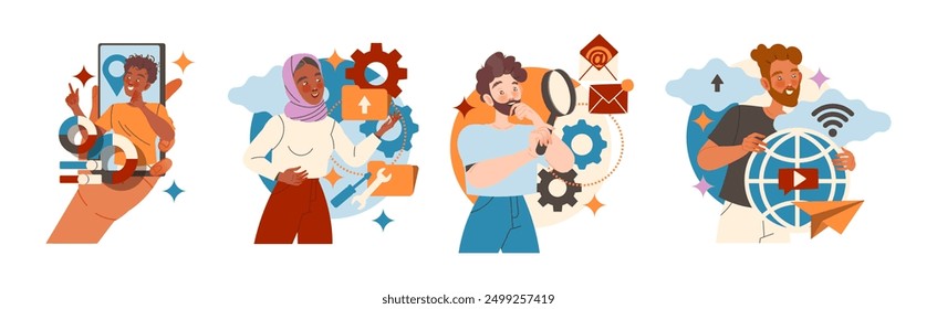 People Character Working with Information Analyzing and Browsing Data Vector Illustration Set