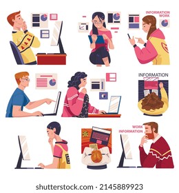 People Character Working with Information Sitting at Laptop Analyzing Data Vector Illustration Set
