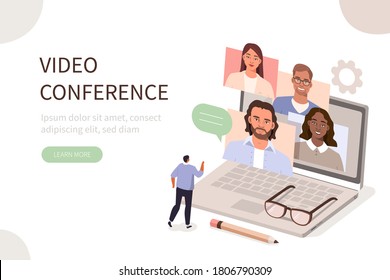 People Character working Remote at Home and using Laptop for Video Meeting with Colleagues. Online Discussion and Business Video Conference Concept. Flat Isometric Vector Illustration.