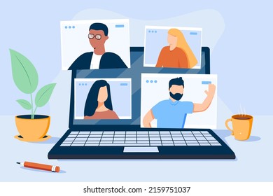 People Character working Remote at Home and using Laptop for Video Meeting with Colleagues and Friends. Online Discussion and Video Conference Concept. Flat Isometric Vector Illustration.
