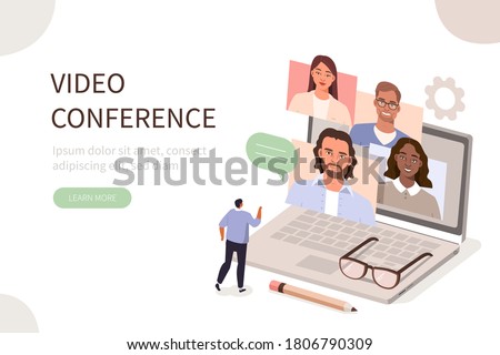 People Character working Remote at Home and using Laptop for Video Meeting with Colleagues. Online Discussion and Business Video Conference Concept. Flat Isometric Vector Illustration.