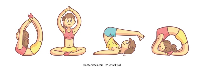 People Character Yoga Practice Do Physical Exercises Vector Set