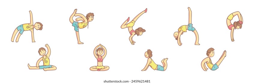 People Character Yoga Practice Do Physical Exercises Vector Set