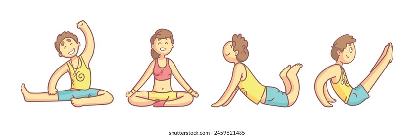 People Character Yoga Practice Do Physical Exercises Vector Set