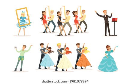 People Characters Acting in Play and Dancing on Stage of Classic Theater Vector Illustration Set