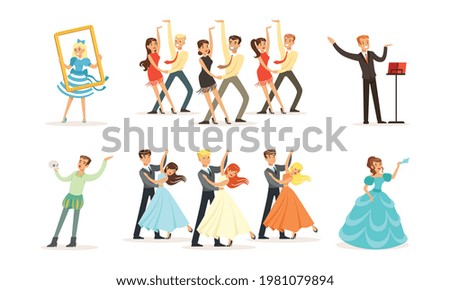 People Characters Acting in Play and Dancing on Stage of Classic Theater Vector Illustration Set
