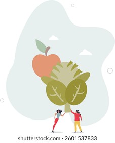 people characters adhere to proper nutrition. Healthy vegetables and fruits are rich in vitamins.flat character life .