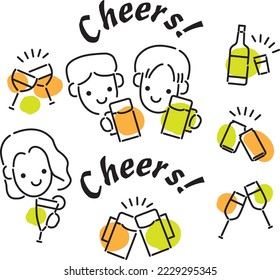 People characters alcohol drinks line vector set cheers together icons in simple style
Beer, wine, soda and tea set for cheerful cheer mode
