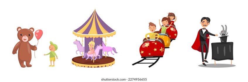 People Characters in Amusement Park or Fun Fair Vector Illustration Set