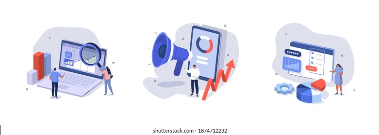 People Characters Analyzing Charts, Graphs, Planning Business Strategy and Managing Data on Laptop and Smartphone. Business Intelligence and Analysis Concept. Flat Isometric Vector Illustration Set. - Shutterstock ID 1874712232