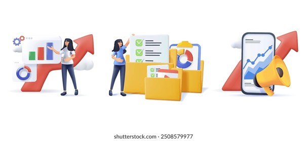 People Characters Analyzing Charts, Graphs, Planning Business Strategy and Managing Data on Laptop and Smartphone. Business Intelligence and Analysis Concept. 3D cartoon Vector Illustration Set