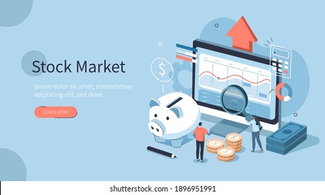 People Characters Analyzing  Stock Market. They Standing near Screen with Graphs, Charts and Diagrams. Businesspersons Investing in Stocks. Stock Trading Concept. Flat Isometric Vector Illustration.