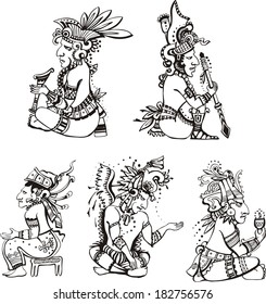 People characters in ancient maya style. Set of vector images.