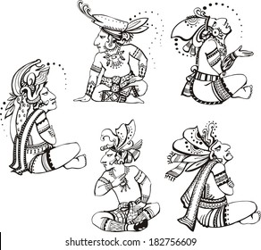 People characters in ancient maya style. Set of vector images.