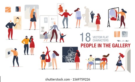 People Characters in Art Gallery Trendy Flat Vector Set Isolated on White Background. Female, Male Tourists, Mother with Children Visiting Paintings, Sculpture, Modern Art Exhibition Illustration