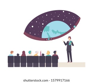 People Characters Attending a Lecture in Planetarium Vector Illustration