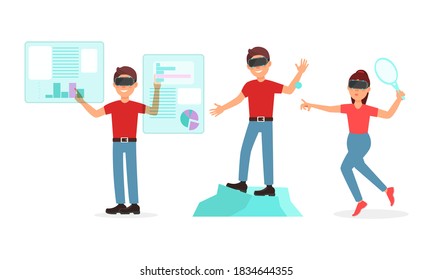 People Characters in Augmented Reality Glasses Playing Game Vector Illustration Set