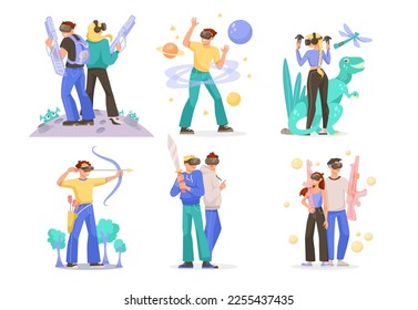 Caracteres de personas en conjunto de ilustraciones vectoriales de gafas de realidad aumentada