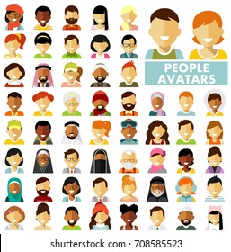 People characters avatars set. Different ethnic smiling multicultural persons icons. Vector illustration in flat style isolated on white background