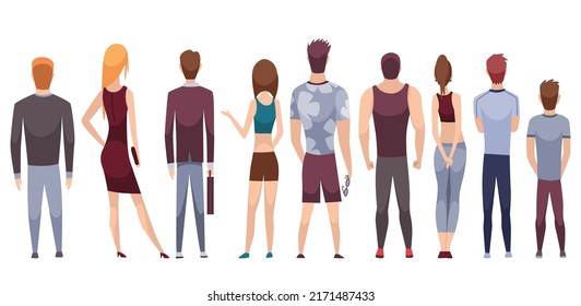 People characters back view. Young human persons. Vector peoples standing illustration. Cartoon man and woman. Adult peoples from behind. Female and male characters in casual outfit