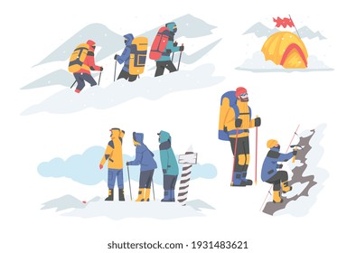 People Characters with Backpacks Ascending Mountains Covered with Snow and Ice Vector Illustration Set