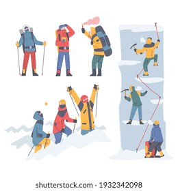 People Characters with Backpacks Ascending Mountains Covered with Snow and Ice Vector Illustration Set