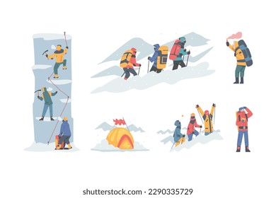 Personajes de personas con mochilas involucradas en el montañismo invernal o en el alpinismo con un conjunto de ilustraciones de vectores de cumbre alta