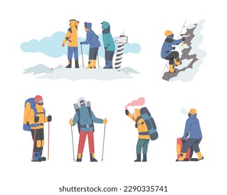 Personajes de personas con mochilas involucradas en el montañismo invernal o en el alpinismo con un conjunto de ilustraciones de vectores de cumbre alta