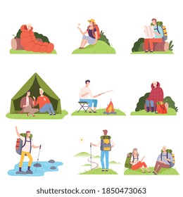 People Characters with Backpacks Hiking and Camping Vector Illustration Set