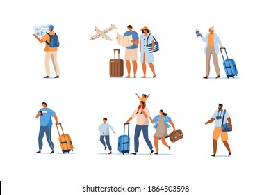 People Characters with Bags, Suitcases and Backpack at the Airport hurry up for Departure. Travelling Girls, Boys, Family and Couple. Vacation and Tourism Concept. Flat Cartoon Vector Illustration.