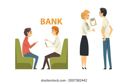 Personajes del banco que obtienen servicios hablando con un grupo de vectores consultantes
