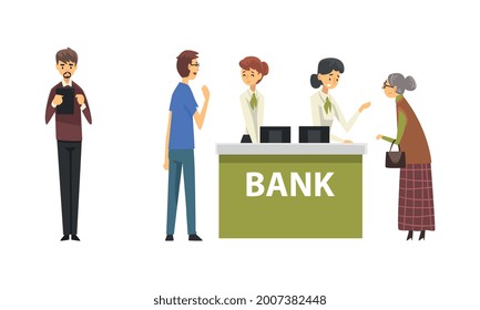 People Characters at Bank Getting Services at Enquiry Counter Vector Set