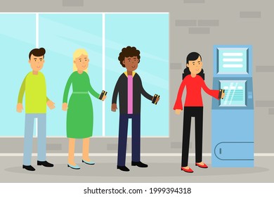 Caracteres de personas en el banco usando terminal de autoservicio electrónico e iluminación de vectores de máquina ATM