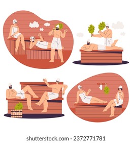 Personajes bañándose en sauna y tomando vectores de baño de vapor