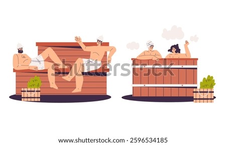 People Characters Bathing in Sauna and Taking Steam Bath Vector Set
