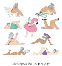 People Characters at Beach Sunbathing and Relaxing Vector Set
