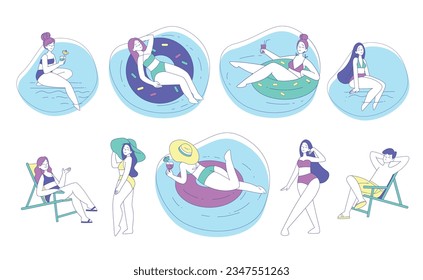 People Characters at Beach Sunbathing and Relaxing Vector Set