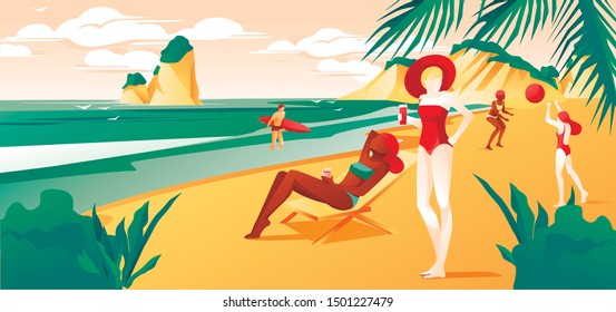 People Characters at Beach or Tropical Coast Relaxing - Sunbathing, walking, Surfing and Swimming in Sea or Ocean. Summer Vacation and Water Fun Background or Banner. Flat Vector Illustration.